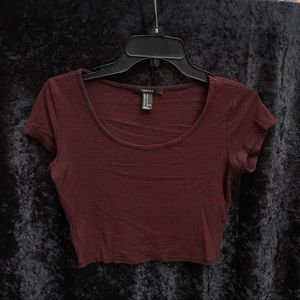 Red & Black Striped Short Sleeved Crop Top Forever 21